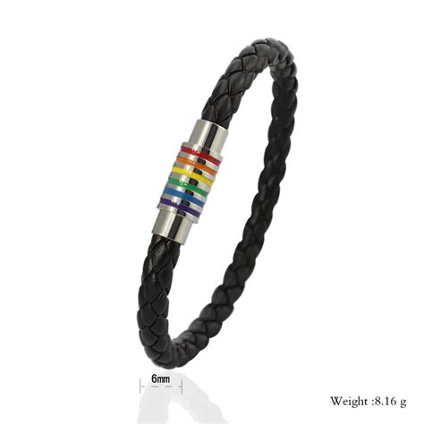 Unisex Zwart Lederen Rvs Regenboog Gay Pride Armband Lgbt Magnetische