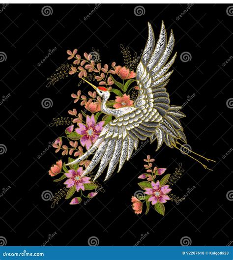 Japanese White Crane And Flowers Embroidery Vector Stock Vector