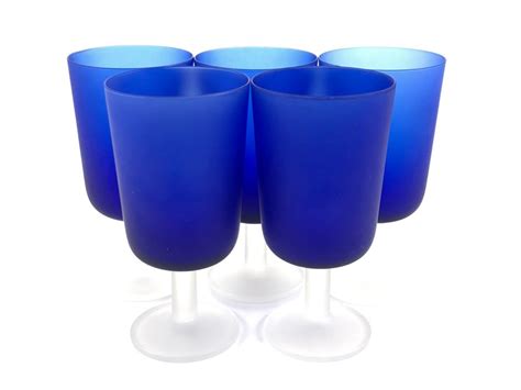 Lot 5pc Cobalt Blue Frosted Glass Goblets