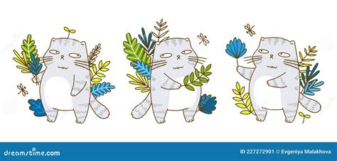 Set Of Cute Grey Cats With Leaves Cartoon Characters For Summer