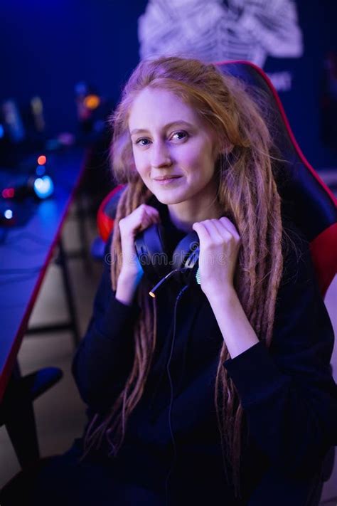 Streamer Beautiful Girl Smiles Professional Gamer Playing Online Games