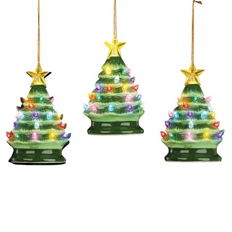 Led Lighted Ceramic Retro Tree Ornaments Set Of 3