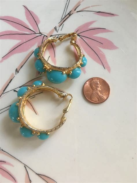 Vintage Goldtone Hoop Clip On Earrings With Turquoise Plastic Beads