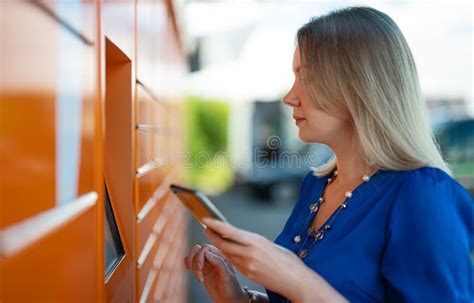 Woman Sending Or Receiving Mail Stock Photo Image Of Lockers Deliver