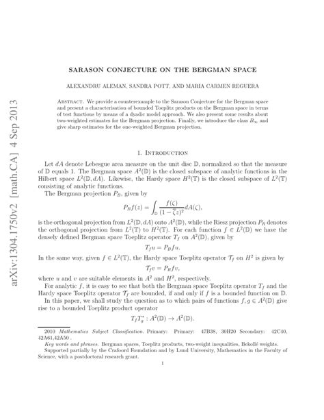 Pdf Sarason Conjecture On The Bergman Space