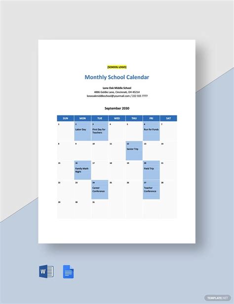 Editable Monthly School Calendar Template 2024 Calendar Printable