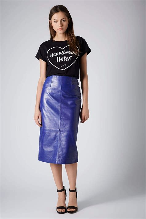 Lyst Topshop Cobalt Leather Calf Pencil Skirt In Blue
