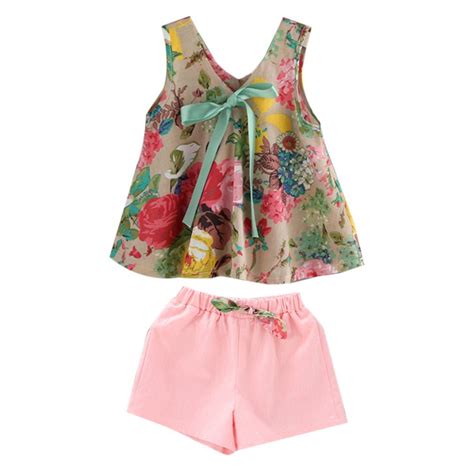 2018 Toddler Girl Summer Clothing Set Floral Rose Vest Shorts Pink