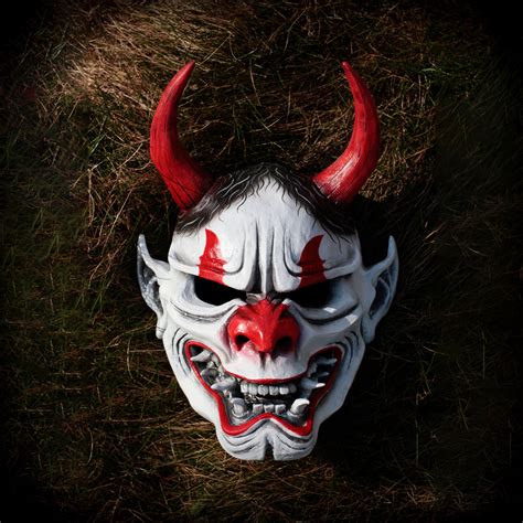 Oni Full Face Mask Samurai Horns Demon Halloween Hannya White Etsy
