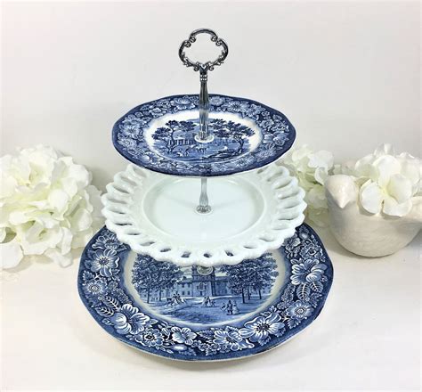 What to do with two tiered glass cake stand? 3 Tier Cake Stand Made With Liberty Blue Ironstone Plates ...