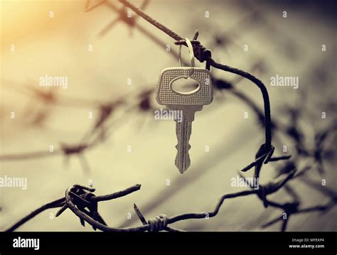 The Key Hangs On A Rusty Barbed Wire Stock Photo Alamy