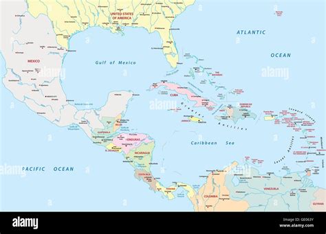 Administrative Map Of Central America And The Caribbean Countries Stock