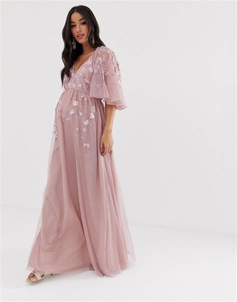 Asos Chiffon Maternity Flutter Sleeve Maxi Dress In Embroidered Mesh In
