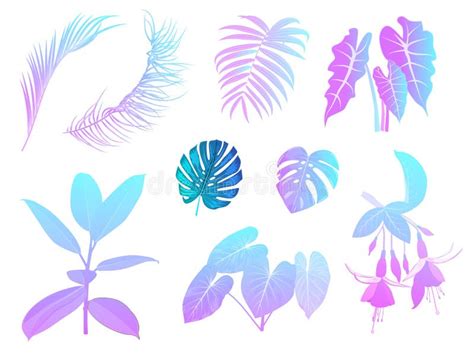 Vector Tropical Jungle Neon Palm Leaves Isolated On White Background