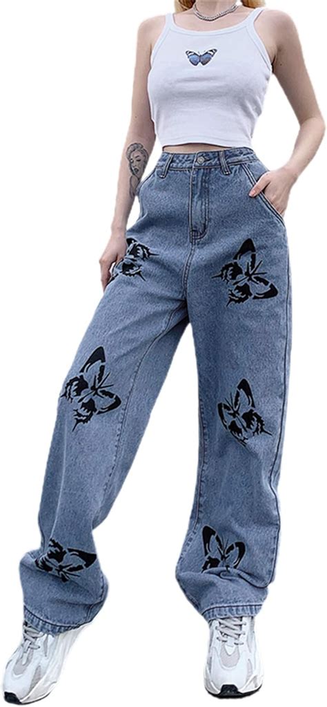 Gulirifei Damen High Waist Jeans Y2k Butterfly Print Denim Pants Straight Wide Leg Baggy Loose