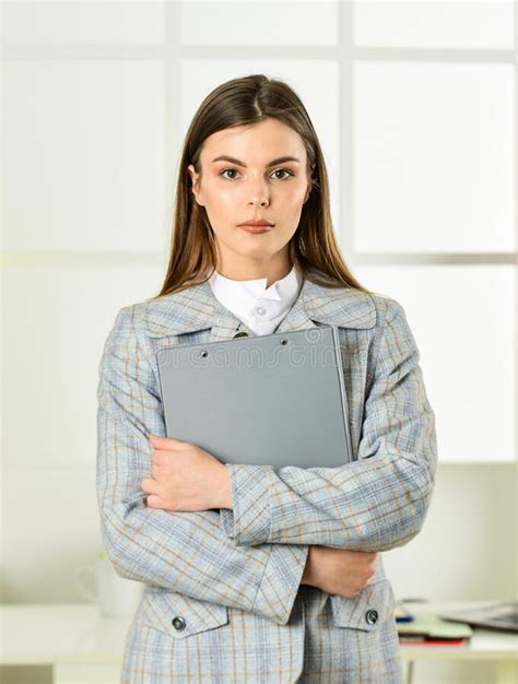 Responsible Trainee Cute Shy Woman In Jacket Office Worker Formal Fashion Woman Hold Office