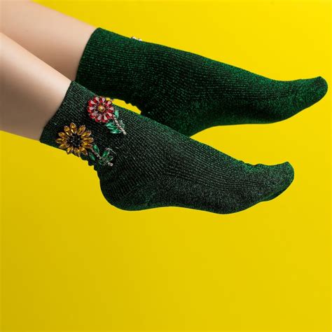Green Glitter Socks Floral Lurex Socks Fuzzy Socks Novelty Etsy