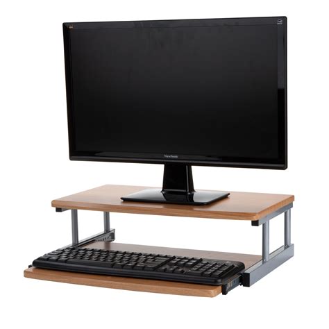 Mind Reader 2 Tier Bamboo Monitor Stand Riser W Sliding Drawer Brown