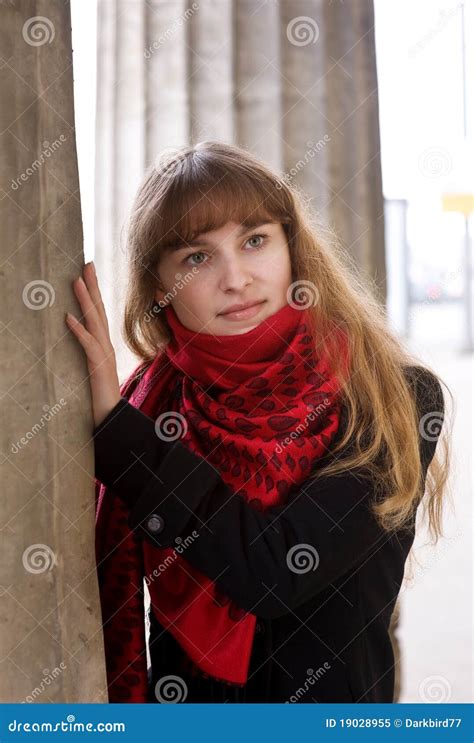 Young Girl In The Red Scarf And Black Coat Stock Image Image Of