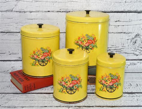 Darling Vintage Kitchen Tin Canisters Set Of 4 Yellow With Etsy