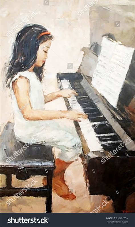 Oil Painting Cute Little Girl That Plays The Piano Stock