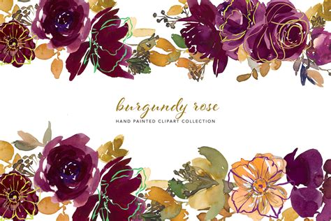 Bordeaux Burgundy Watercolor Flowers Clipart Fall Floral Graphics