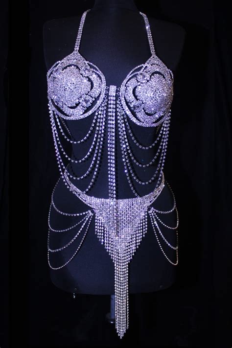 Burlesque Belly Dance Deluxe Crystal Rhinestone Bra Fringe Skirt Belt