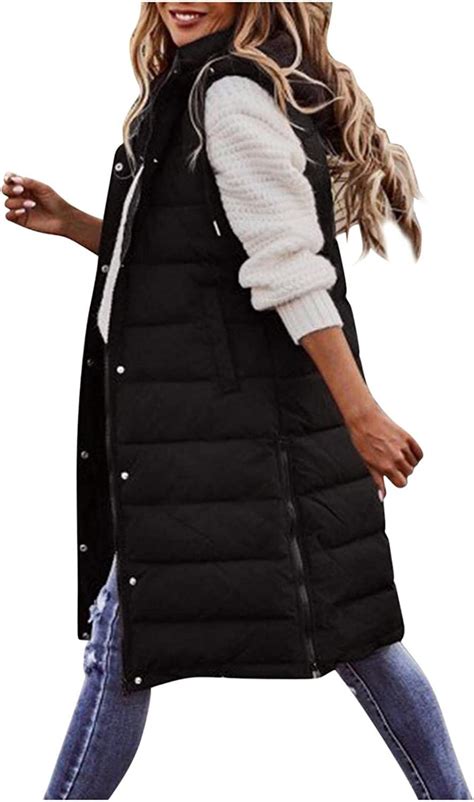 long gilets for women hooded warm sleeveless outwear winter casual quilted zipper gilet coat