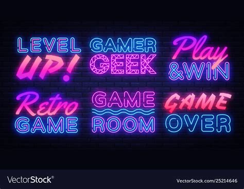 Gaming Neon Signs Set Gamer Neon Sign Royalty Free Vector