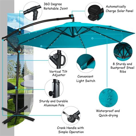 10 Feet 360° Rotation Solar Powered Led Patio Offset Umbrella Without