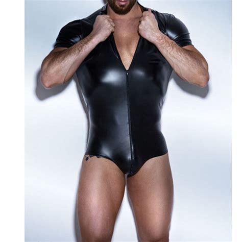 fashion men s faux leather sexy shapers black wet look one piece jumpsuit bodysuit males
