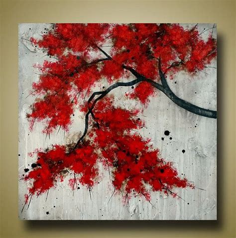 Red Tree Branch Original Textured Painting Tree Art Red Leaves