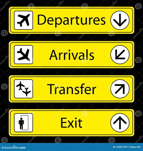 Yellow Airport Signs Departures And Arrivals With Pictograms And Vector Illustration