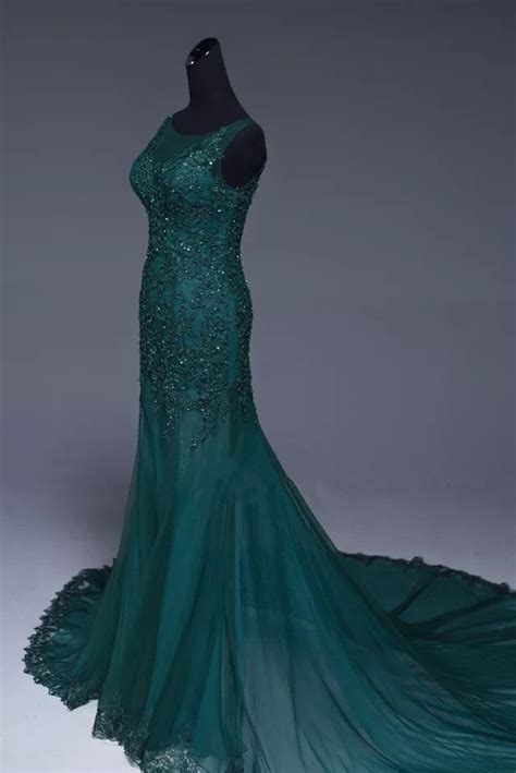 Emerald Green Evening Dresses Mermaid Lace Appliques Prom Gowns 2018