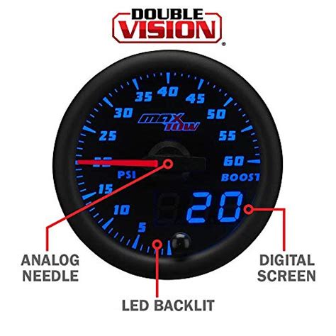 MaxTow Double Vision PSI Turbo Boost Gauge Kit Includes Electronic Pressure Sensor Black