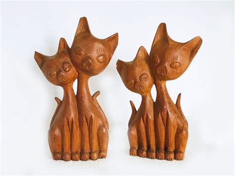 Vintage Cat Figurines Carved Wood Midcentury Etsy