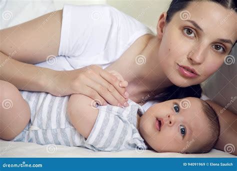 Mom With A Newborn Son Lying Stock Image Image Of Caucasian Infant