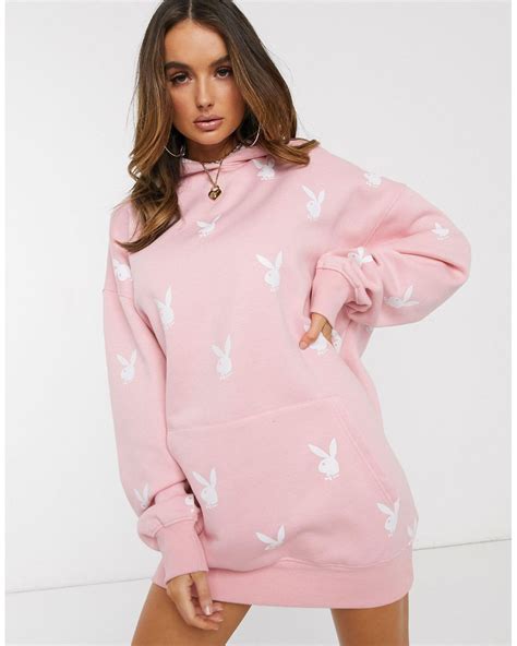 Missguided Playboy X Extreme Oversized Repeat Print Hoodie Dress In