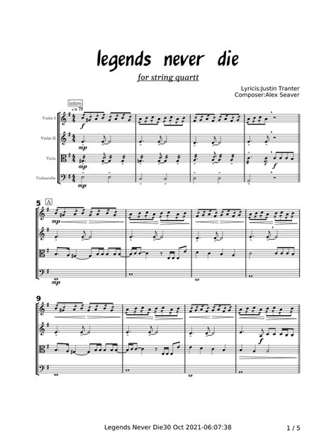Legend Never Die Sheet Music For Violin Cello Viola String Quartet