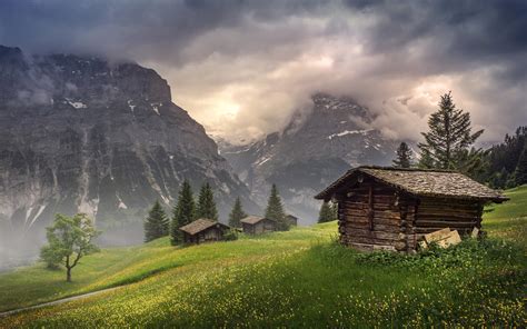 Cabin Shed Grass Mountains Clouds Trees Hd Wallpaper Nature And
