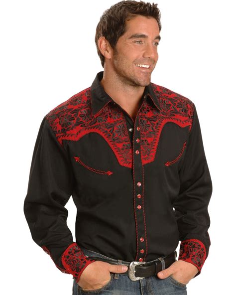 Scully Mens Red Embroidered Gunfighter Long Sleeve Western Shirt In