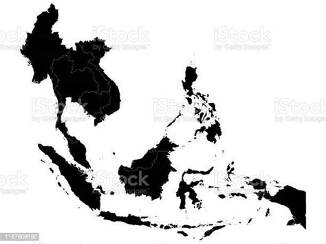 Black Flat Vector Map Of Southeast Asia With Country Borders Stock