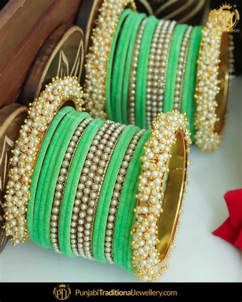 Green Thread Pearl Bangles Set Both Hand Pair Punjabi Traditional Punjabi Traditional