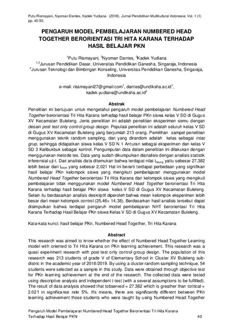 Pdf Pengaruh Model Pembelajaran Numbered Head Together Berorientasi