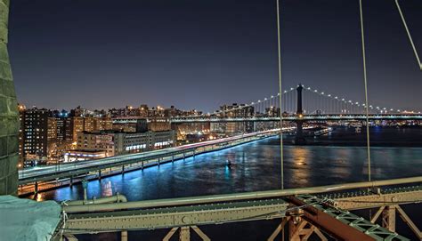 Brooklyn Bridge Night City Cities Urban New York Usa America