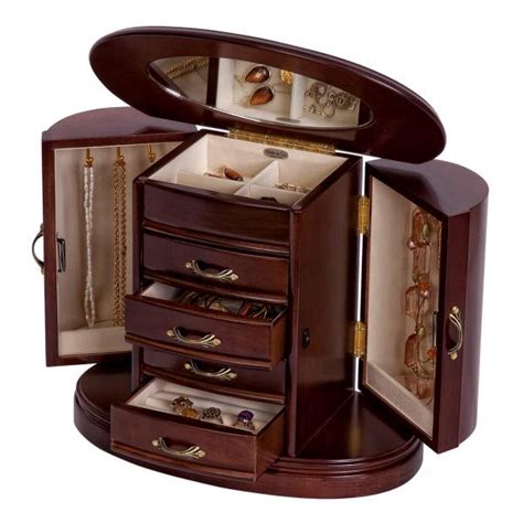 Wooden Jewelry Box Walnut Finish Rounded Design Interior