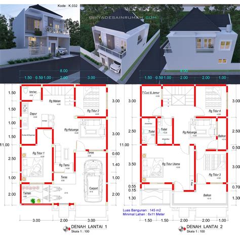 Jual Denah Rumah 2 Lantai Desain Minimalis Mewah Modern Lebar 8 X 11