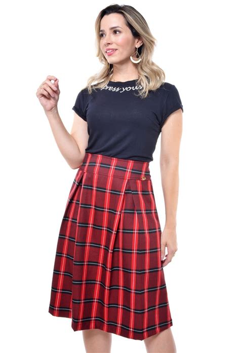 Saia Midi Xadrez Express O Moda Feminina