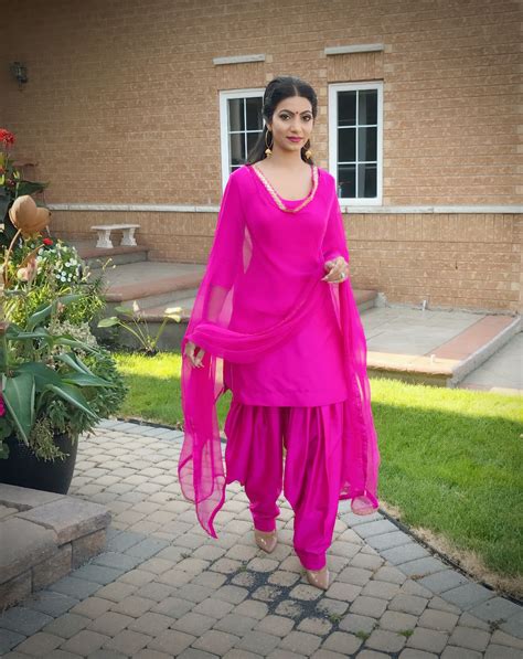 Hot Pink Plain Punjabi Salvar Suit In Silk Lace Work In Dupatta