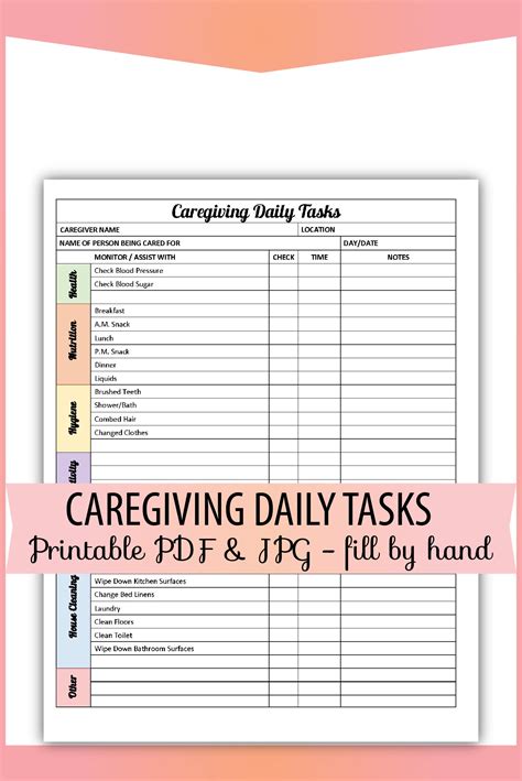 Care Giving Caregiver Daily Tasks Form Printable Pdf Etsy